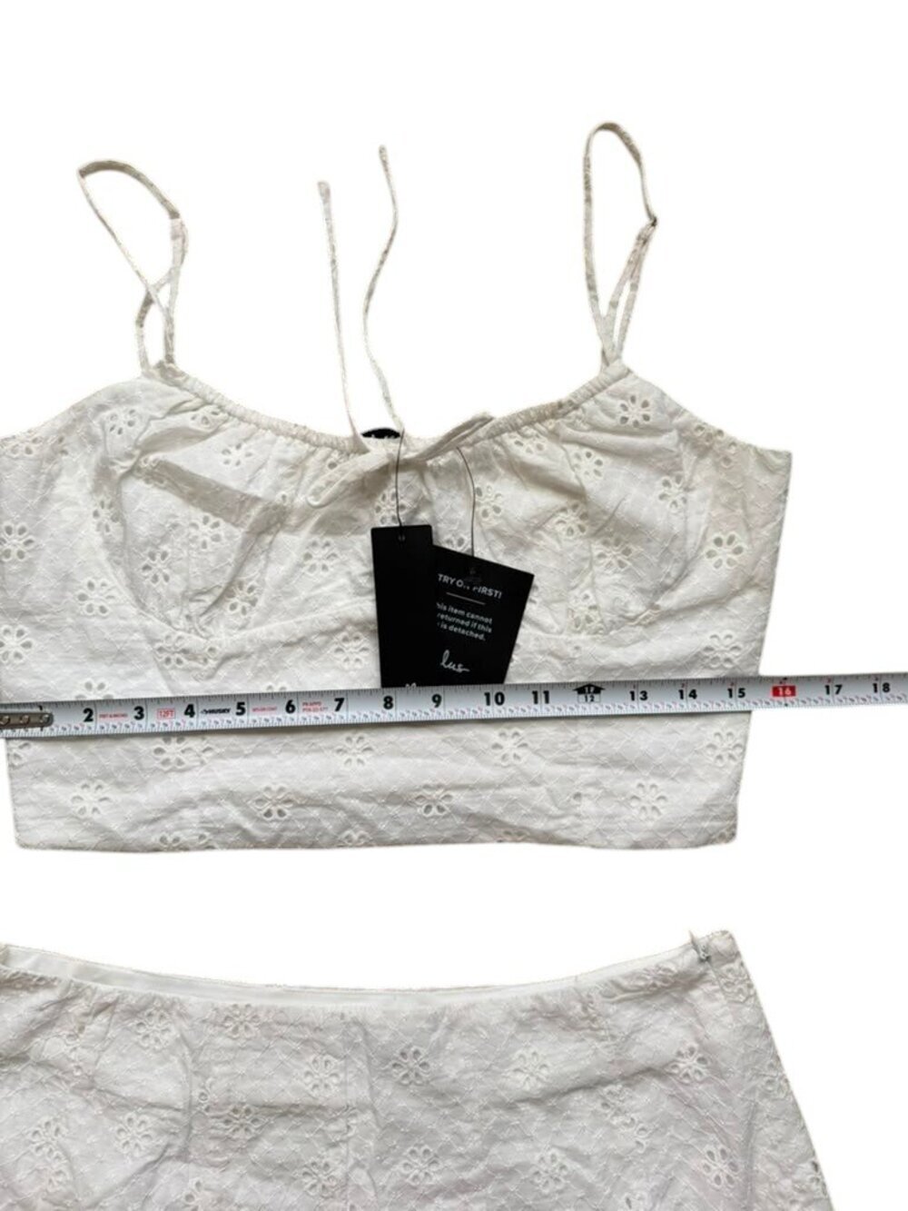 Lulus Eyelet Cotton 2 Piece Set Womens L White Crop Top Mini Skirt NWT Summer - Picture 9 of 9